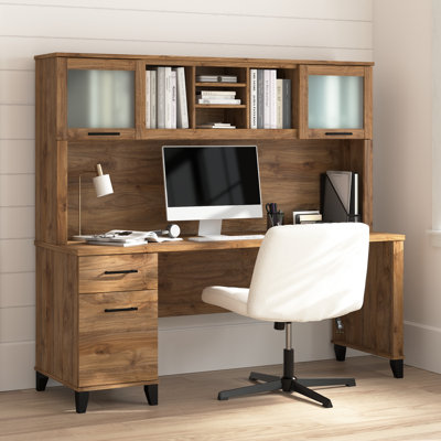 Paelynn 72” Office Desk with Hutch and Drawers, Computer Office Desk with Storage, Modern Wood, Fresh Walnut