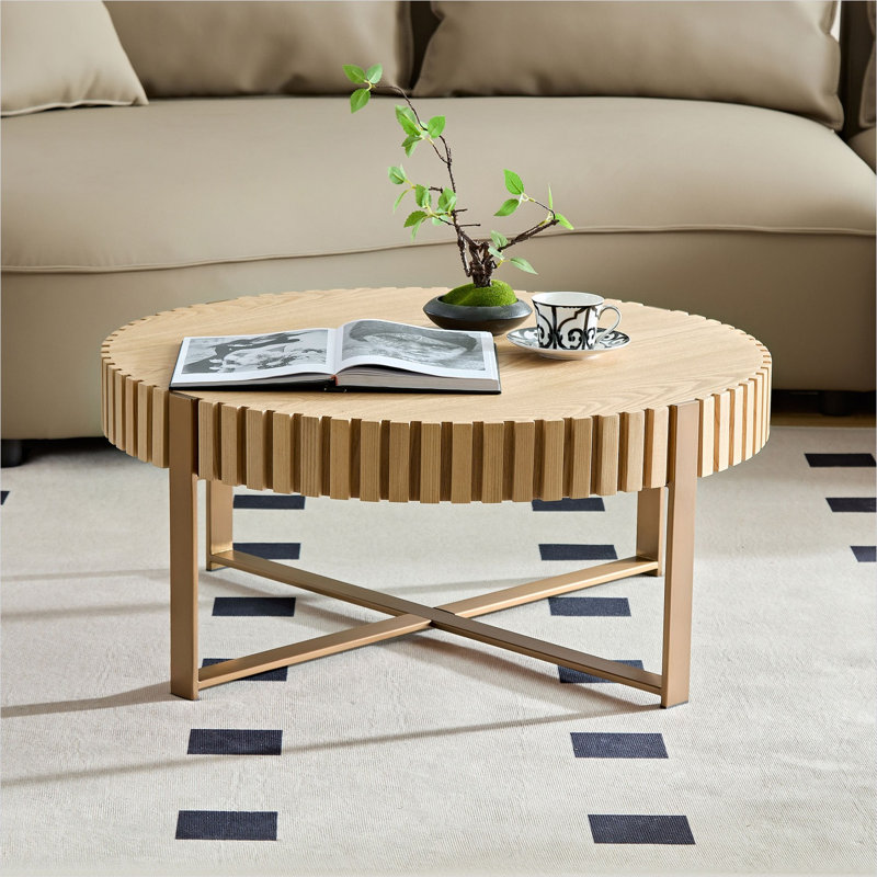 Table basse ronde moderne avec base piédestal robuste, ton de bois naturel, 31,5 po