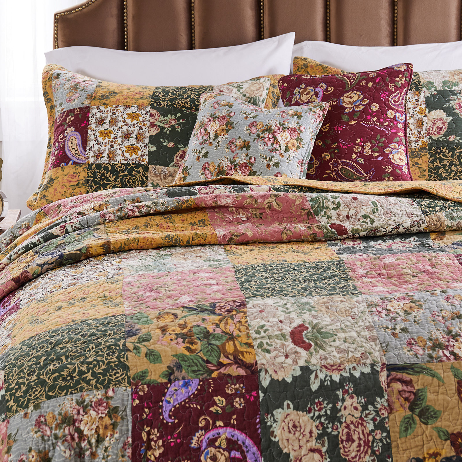 Antique Cotton Bedspread Set, King Quilt + 2 Shams + 2 Throw Pillows
