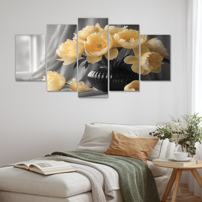 Ensemble d'art mural sur toile jaune et gris avec pivoines rétro
