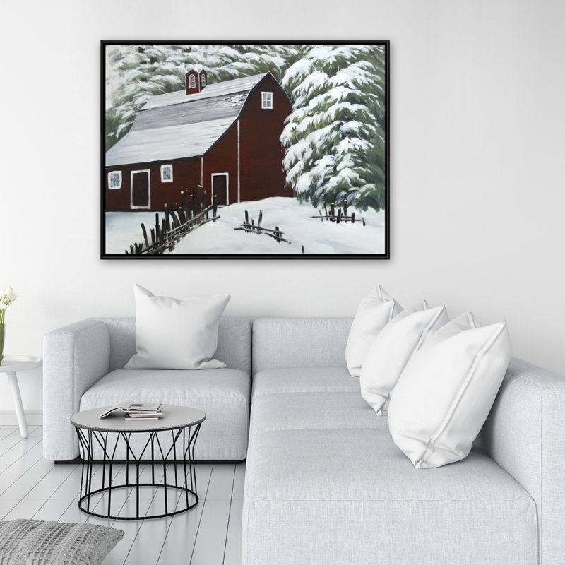 Red Barn In Snow Print On Canvas