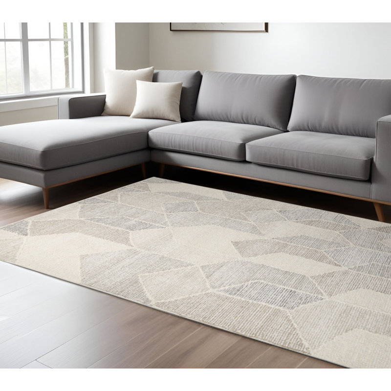 Tapis géométrique en laine beige et gris tissé à la main 9 pi x 12 pi