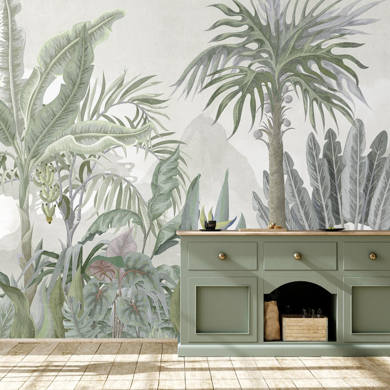Gris doux Misty Jungle avec des plantes tropicales détaillées, L 132 po x l 144 po