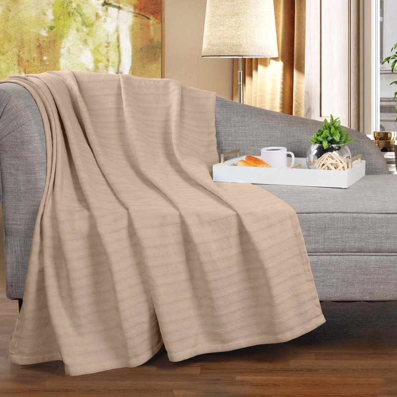 Couverture à rayures jacquard 100% coton Superior Clara, Kaki, Jeté
