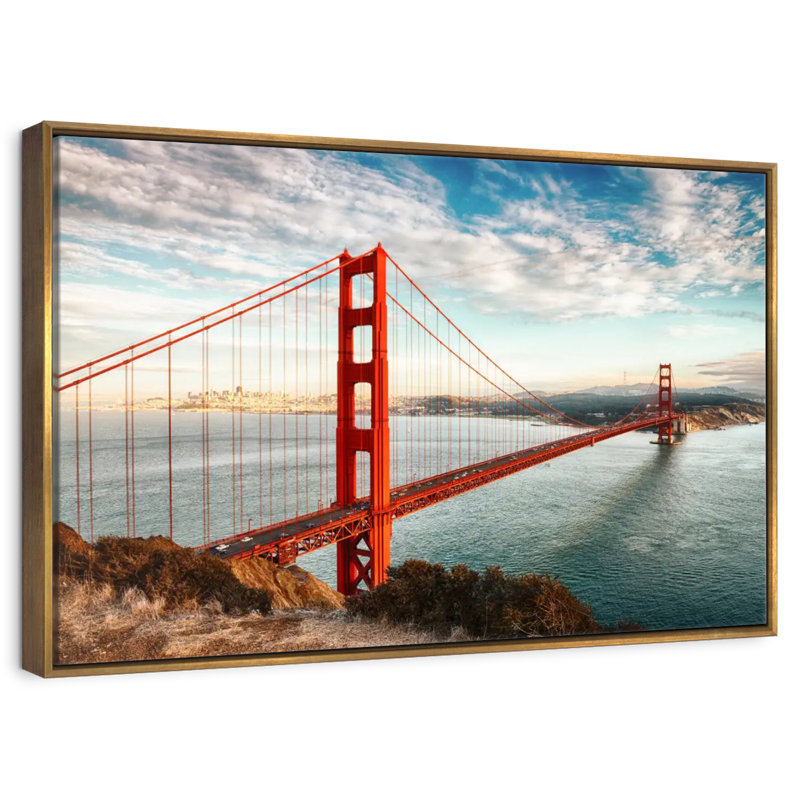 Pont rouge Golden Gate, 31 po x 21 po, Cadre flottant doré