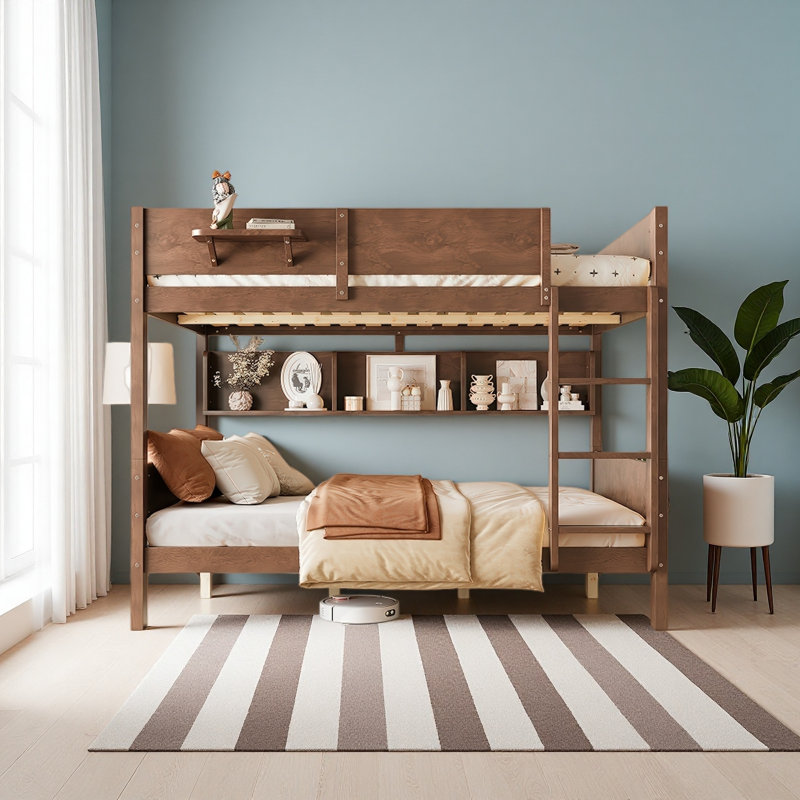 Lit superposé grand sur grand avec plateau pratique, Brun rétro