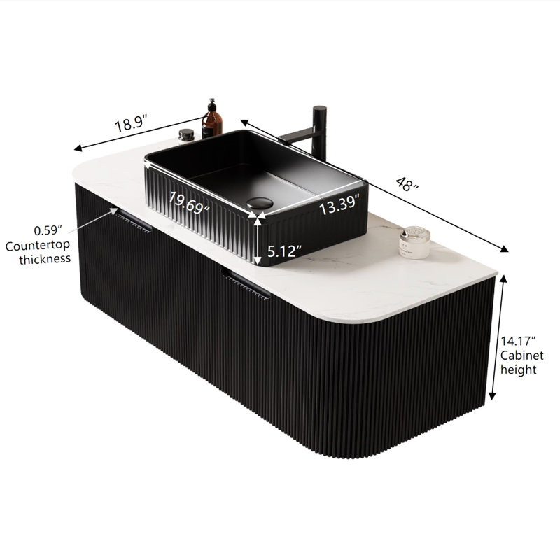 Meuble-lavabo 48 po avec lavabo, lavabo en céramique noire, rangement flottant, 2 tiroirs, rayé 3D mat, système de fermeture en douceur, comptoir, pré-assemblé, système rayé facile à installer