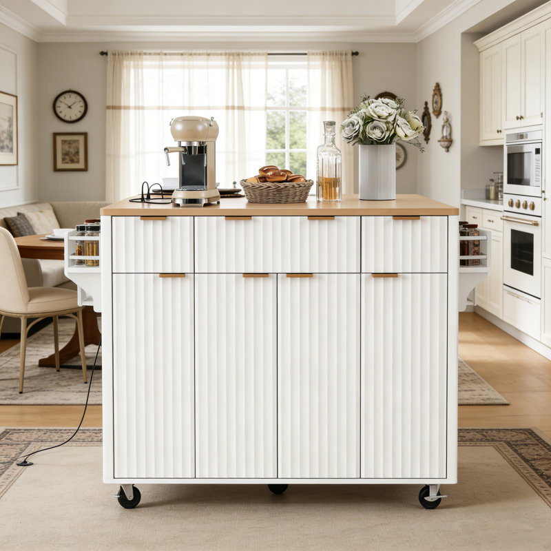 55" Fluted Kitchen Island With Drop Leaf, White