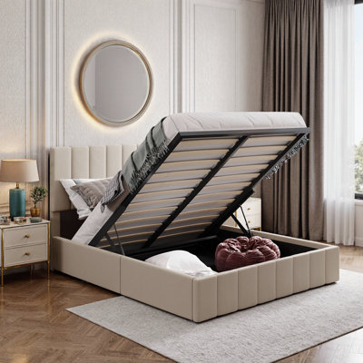 Upholstered Platform Bed with Hydraulic Lift Storage, Space-Saving Design, Full /Queen, Beige or Gray