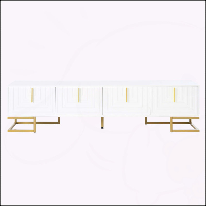 TV Stand with Metal Legs and Gold Handles for TVs Up to 80'', White+Gold