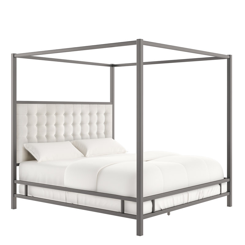Pettaway Upholstered Metal Canopy Bed, Black Nickel, Full, Off-White Linen