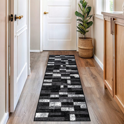 Abstract Grid Black/Gray Minimal Indoor Woven Area Rug