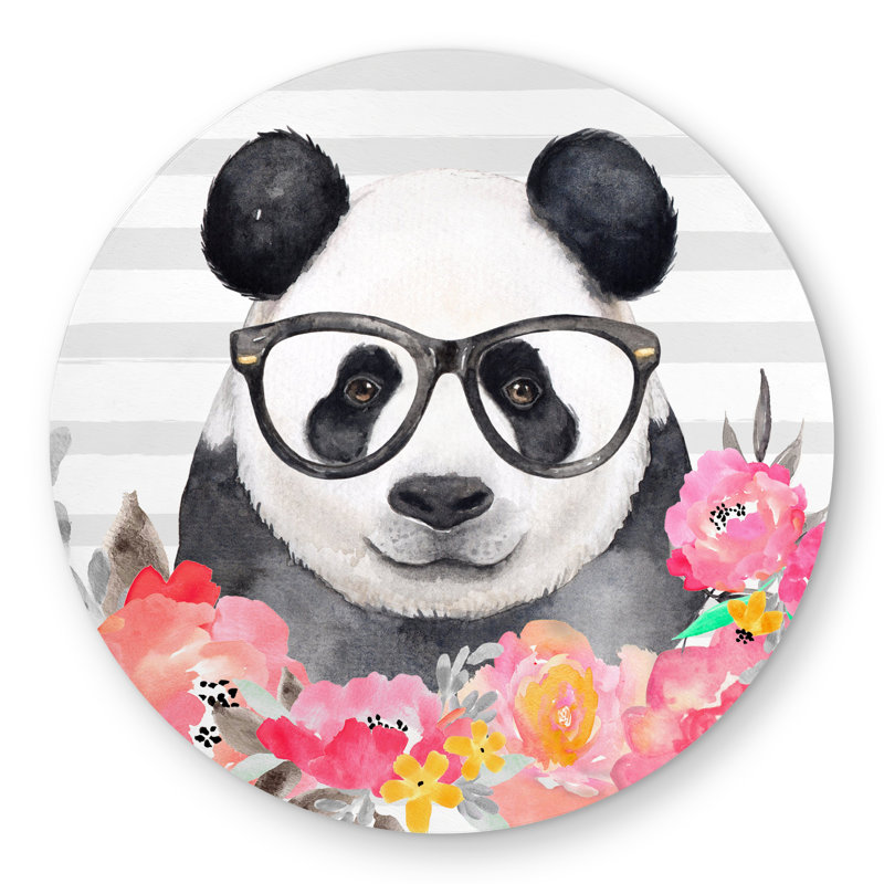 Panda with Glasses - Pink Illustrative Round Outdoor Rug