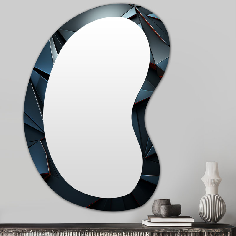 Élégance géométrique foncée bleue - Art abstrait en métal - Miroir mural moderne asymétrique, 31 po x 22 po