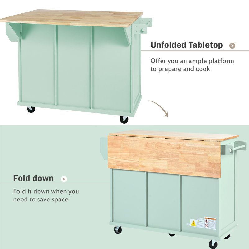 Mobile Kitchen Island With Expandable Rubberwood Countertop, 3 Spacious Drawers, Storage Cabinet With Door Racks, And 5 Smooth-Rolling Wheels