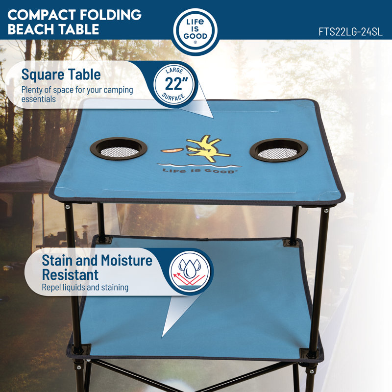 Life is Good Blue 22" Square Compact Folding Beach Table
