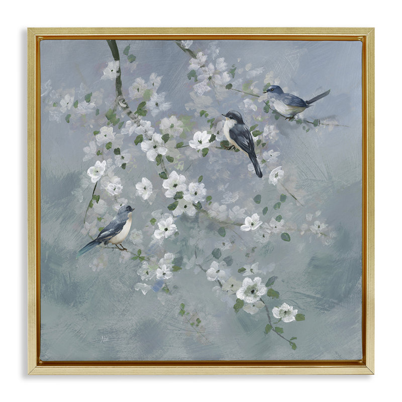 Cadre flottant Serene Birds on White Blooms, design par Nan, H 25 po x l 25 po, Cadre flottant métallique doré