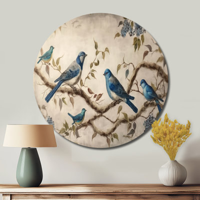 Quatre oiseaux bleus rétro sur une branche I - animaux, art en métal rond