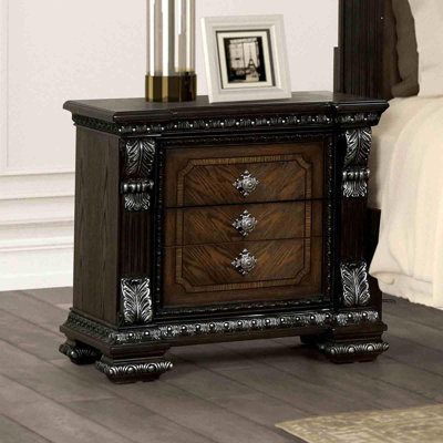 Table de chevet ornée de moulures en argent brossé 1pc port USB roulement à billes glissière français et anglais tiroirs en queue d'aronde finition espresso