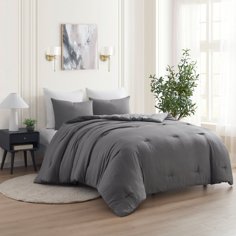 Kathy Ireland 3 Pc Waffle Comforter Set, Gray, King Comforter + 2 King Shams