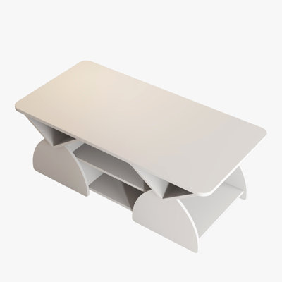 Table basse de coin rectangulaire arrondie en bois d'ingénierie pour le salon, table de rangement facile à assembler avec tablettes ouvertes, cadre robuste pour la salle de réception, table basse moderne à motif géométrique blanc