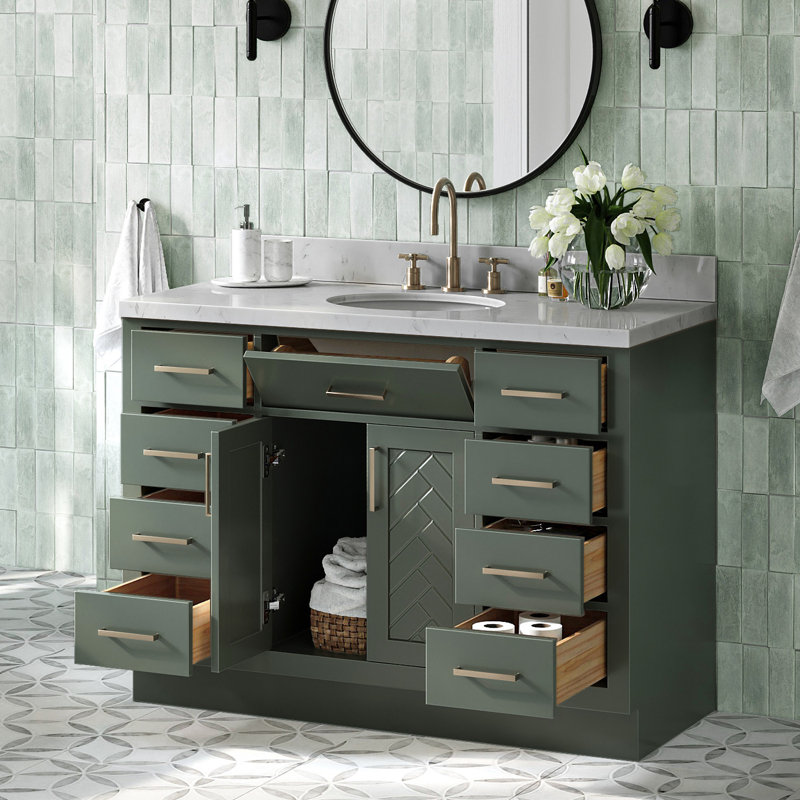 Meuble-lavabo ovale simple 48 po à chevrons avec comptoir en quartz blanc Carrare 1,5 po vert rétro, Ovale, Vert rétro