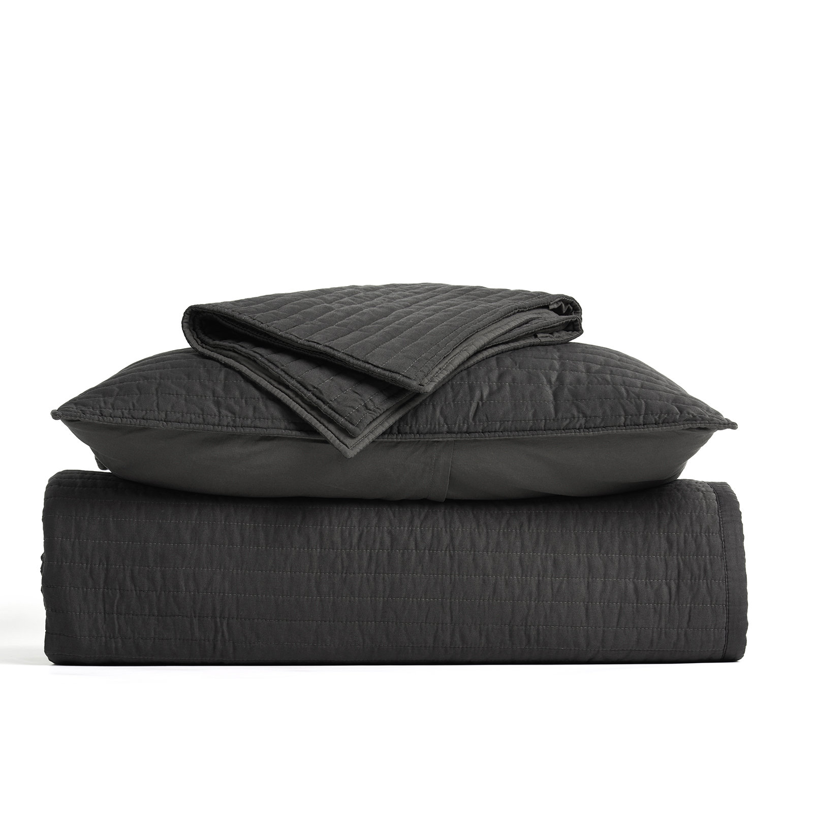 Cotton Sateen Quilt Set, Queen Quilt + 2 Queen Shams, Washed Black