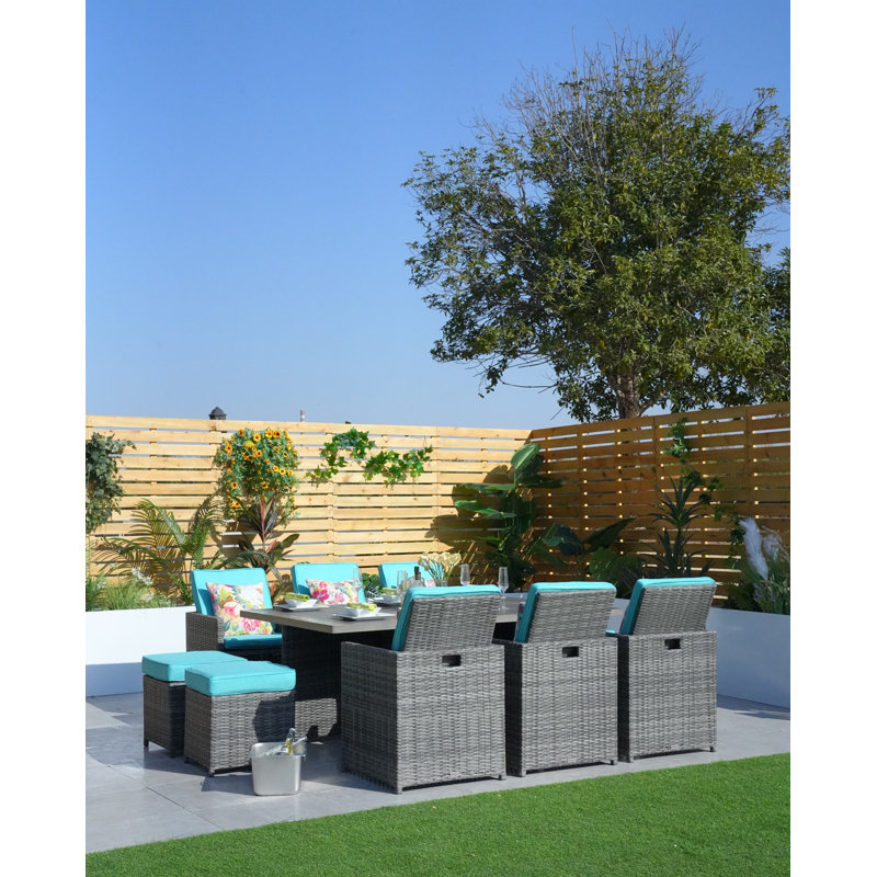 6 - Person Wicker Patio Dining Set with Rectangular Table , Cushions Included, Gray, Cyan