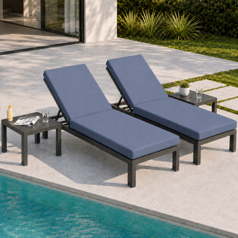 4-Piece Outdoor Aluminum Chaise Lounge Set with Adjustable Backrests, Side Tables and Cushions, Blue