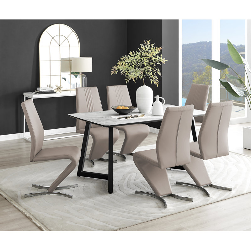 Industrial Design White & Grey Marble Effect Melamine Dining Table Set with 6 Faux Leather Chairs, Brown/Silver