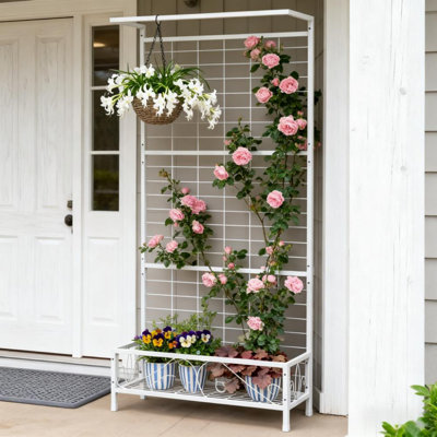 Grand support à plante en métal avec treillis et barre de suspension, pour le jardinage et la décoration verticaux intérieur et extérieur