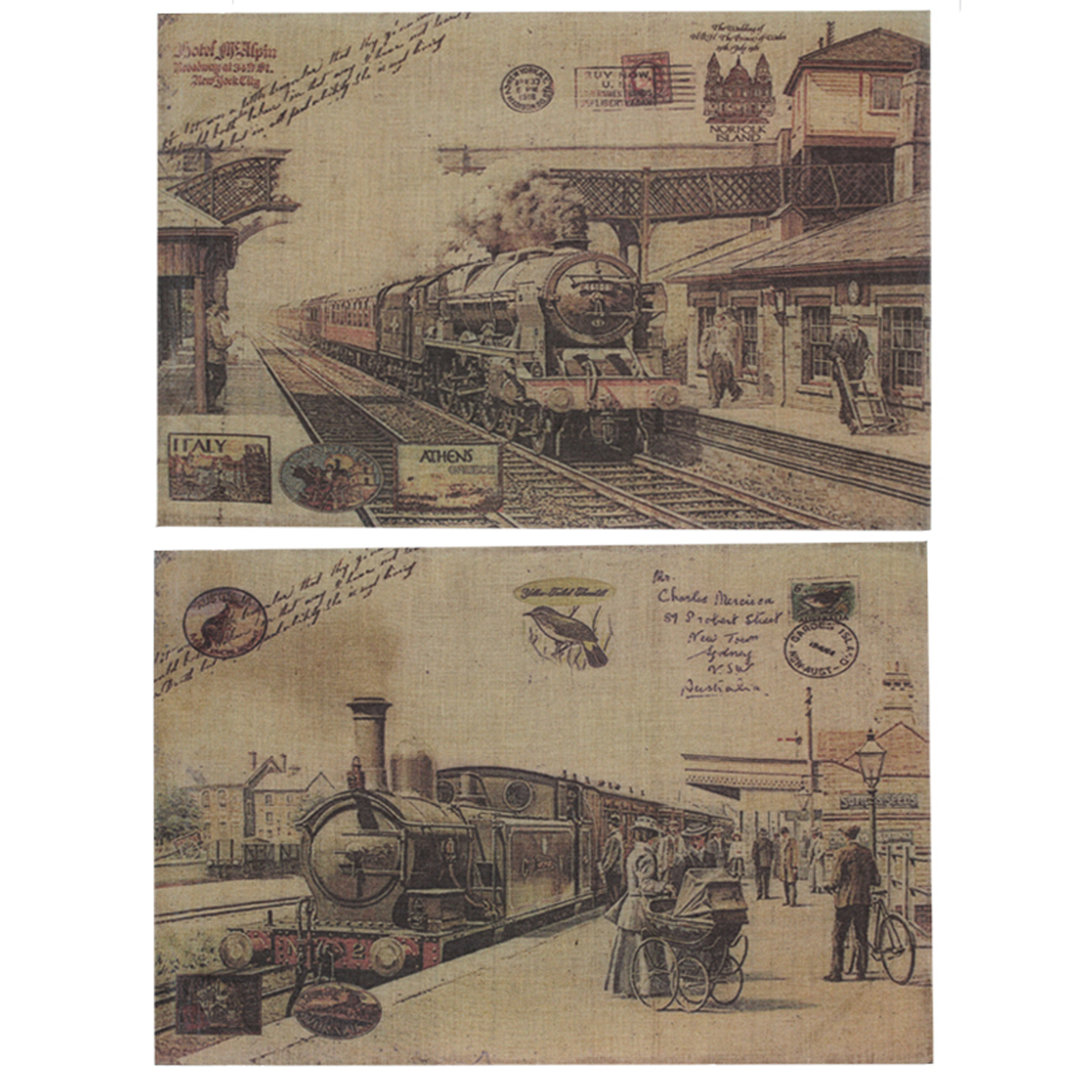 Junxian 47 Inch Burlap Canvas Beige Retro Wall Art, Vintage Train Print (Set of 2) Winston Porter