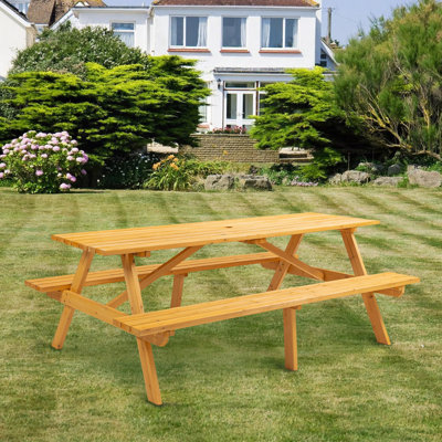 8 Person Wooden Picnic Table, Outdoor Camping Dining Table With 2 Seats, Garden, DIY With 2 Built-In Benches, 2220Lb Capacity