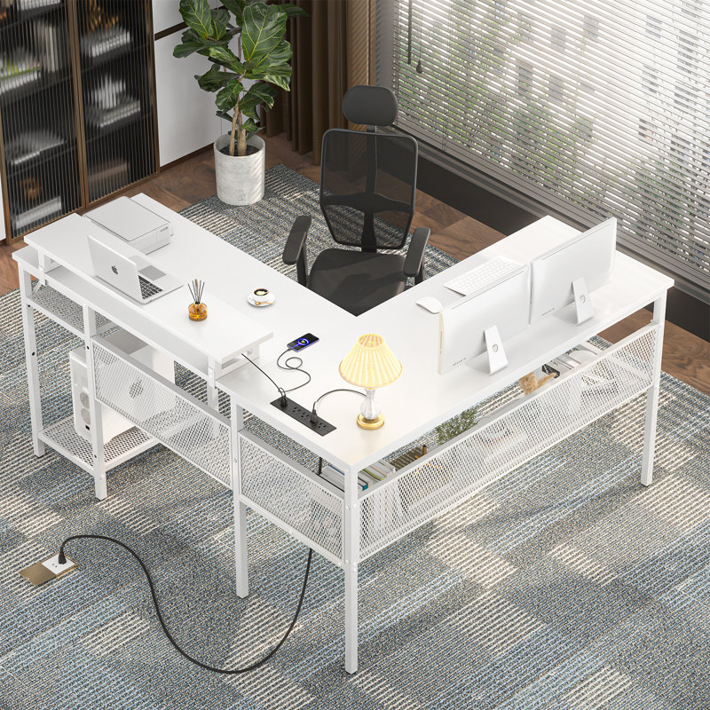 Toria 55'' L-Shaped Desk with Storage, Power Outlets and LED Strip, White/White