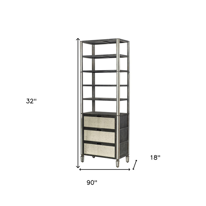 Guice 32" Dark Brown Solid Wood and Mirrored Glass Four Tier Bookcase with Three Drawers