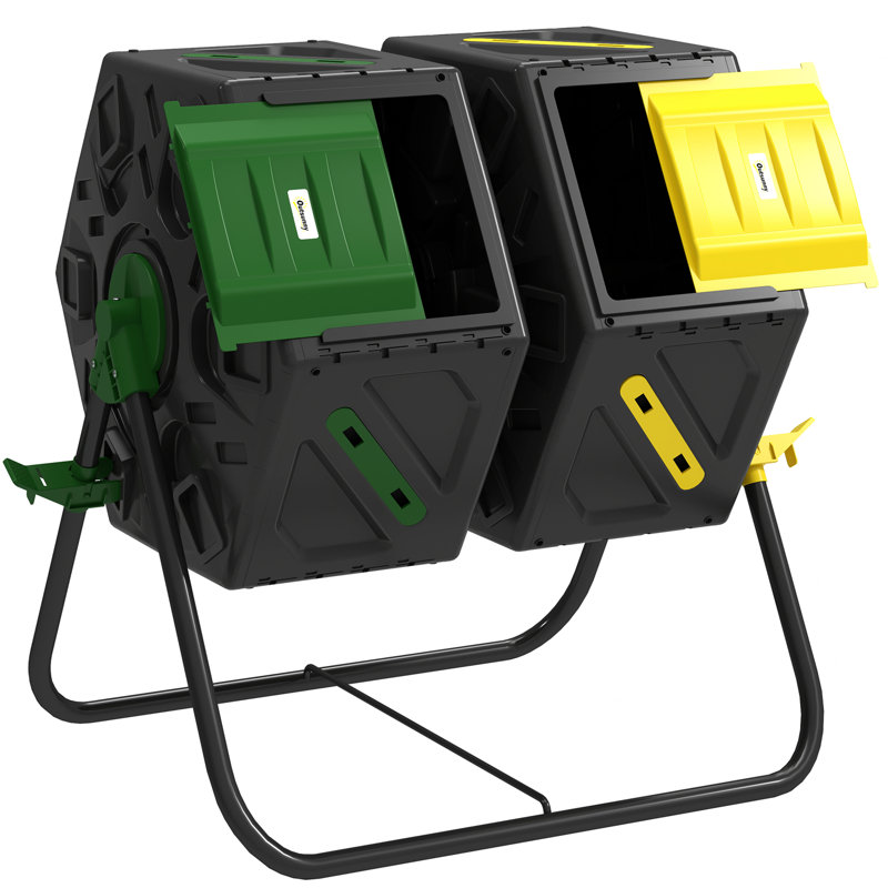 Composteur 34,5 gallons, bac à compost à deux compartiments, jaune et vert