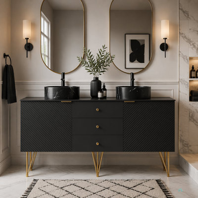 Meuble-lavabo de 60 po avec meuble-lavabo autoportant en contreplaqué avec 4 pieds, 3 tiroirs et 2 portes, 2 vasques en céramique à motif de pierres et plateau en pierre Sinte, pré-assemblé