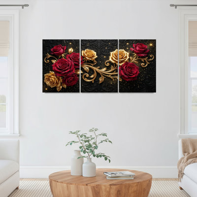 Ensemble de 3 tableaux sur toile à motif de vigne ornementale, représentant des roses rouges et dorées, pour la décoration du salon, de la chambre ou du couloir.