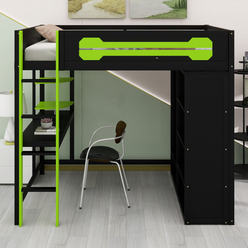 Lit mezzanine moderne avec poste de travail intégré, placard de rangement ouvert et éclairage ambiant personnalisable, Vert
