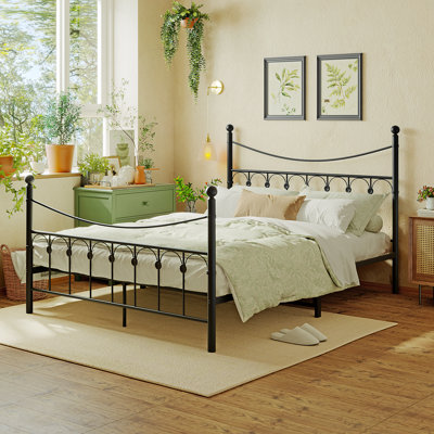 60.24"W x 83.23"L Classic Iron Platform Queen Bed Frame - Solid Black Metal Platform with Steel Slat Support