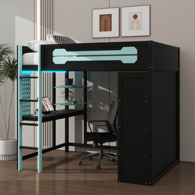 Lit mezzanine double avec bureau et garde-robe, lit mezzanine en bois avec espaces de rangement et éclairage intégré
