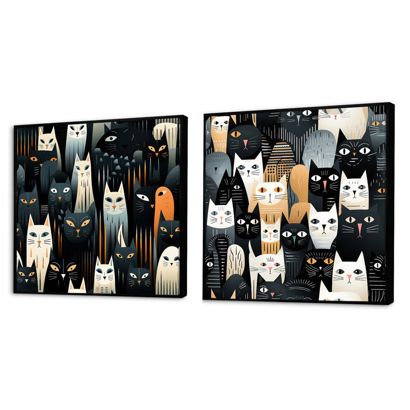 Motif abstrait de chats noirs et blancs - animaux, ensemble de 2 collages carrés, Cadre flottant noir, H 16 po x l 33 po