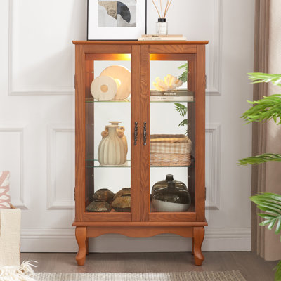 Spacious Curio Cabinet With Lighted Interior - Tempered Glass Home Decor Oak 2-Door In Oak, Doors, Mirrored Back Panel, Adjustable Shelves And Display For Collection