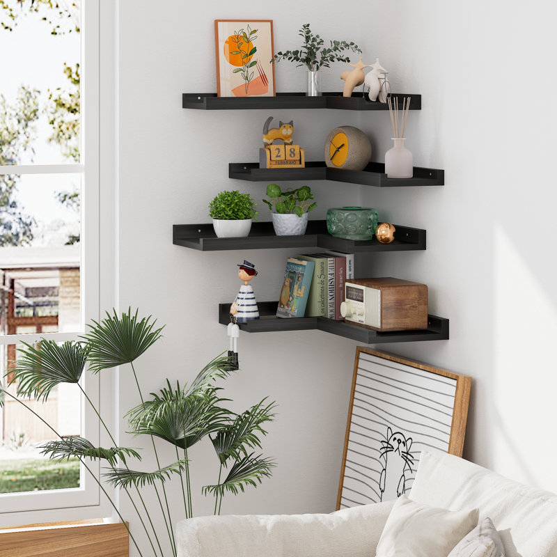 Étagère murale en bois de pin à 4 niveaux en forme de L - Tablettes d'angle flottantes avec rebord