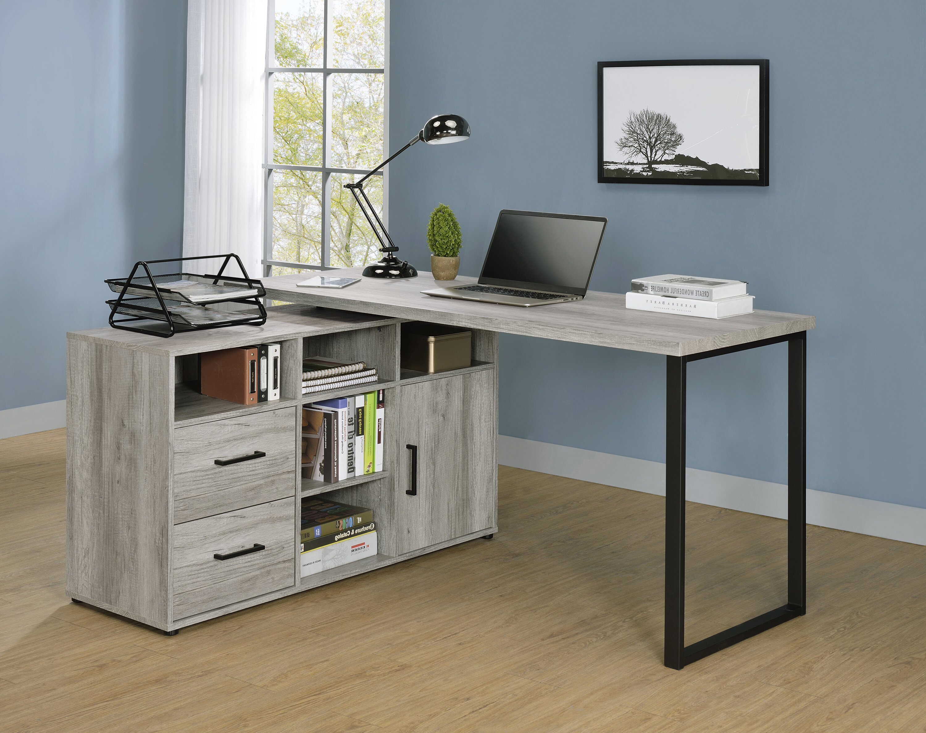 54.3 in. Reversible L-Shaped Brown Wood Writing Desk Office Workstatio