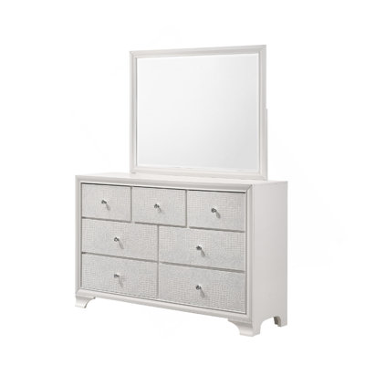 1Pc Modern Glam Style White Finish Glam Seven Drawer Dresser Embossed Crocodile Pattern Wooden Bedroom Furniture
