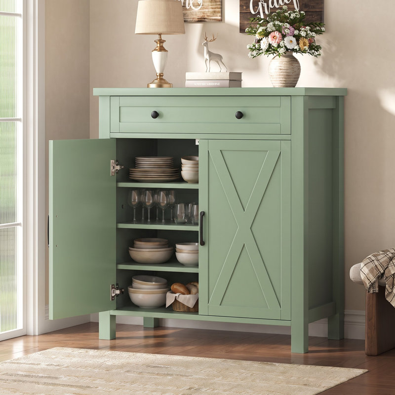 Buffet de 82 cm de large avec tablettes ajustables et tiroir, Vert