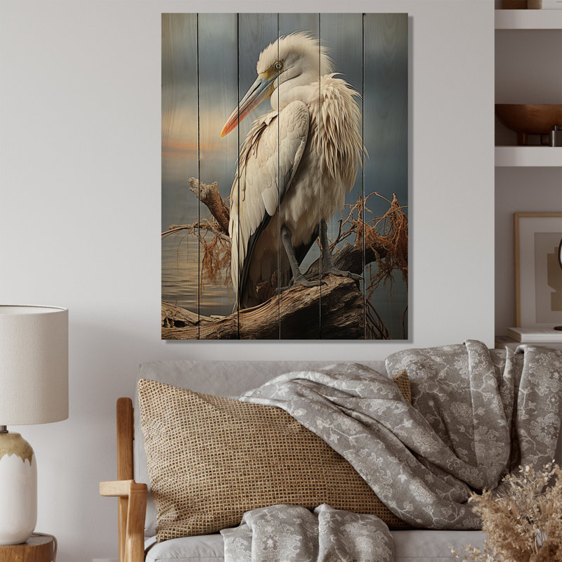 Pélican gris sur fond de pélican sur bois, H 40 po x l 30 po x P 0,78 po