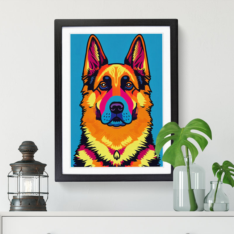 German Shepherd Pop - Wall Art, 64cm H x 46cm W x 2cm D, Black Framed Paper, White