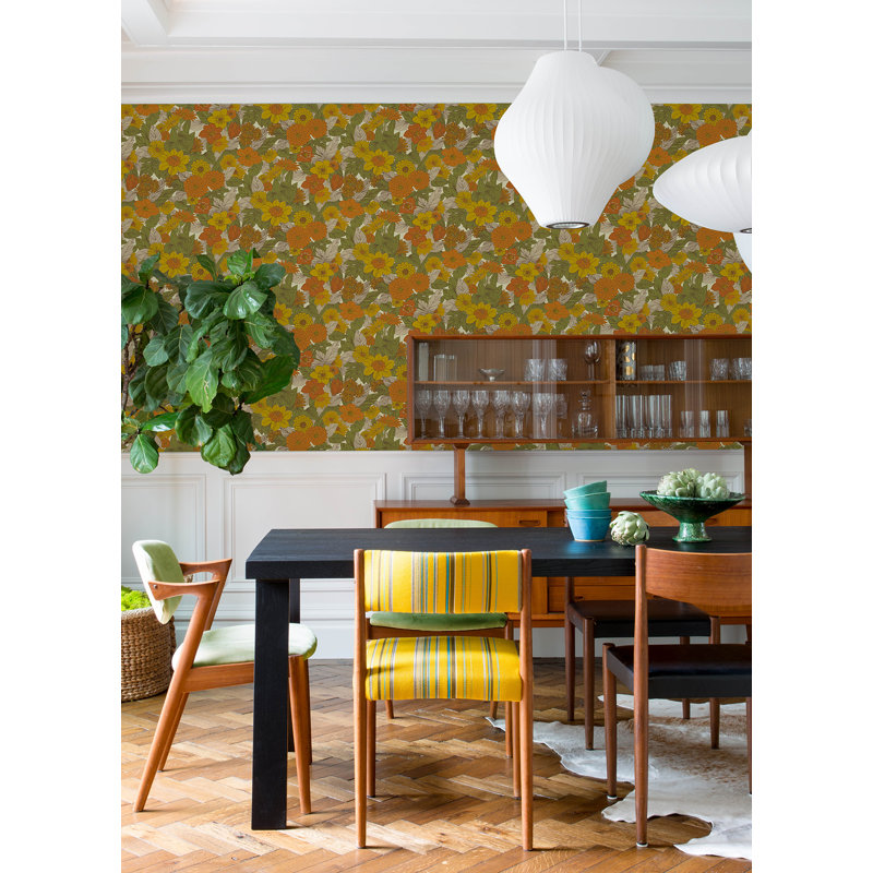 Retro Floral Peel and Stick Wallpaper, Yellow
